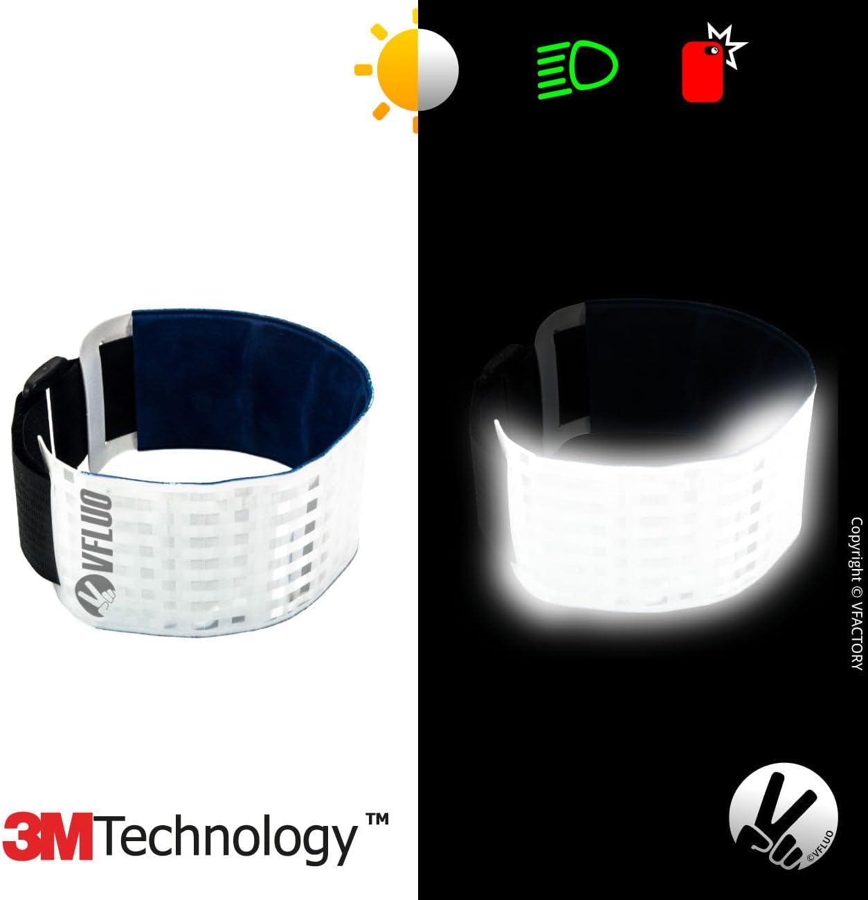 VFLUO - Reflective + reflective Adjustable & Elastic Motorcycle Armband for Motorcycle Jacket, Scooter, Bicycle, Pedestrian - High Visibility - Resistance & Support