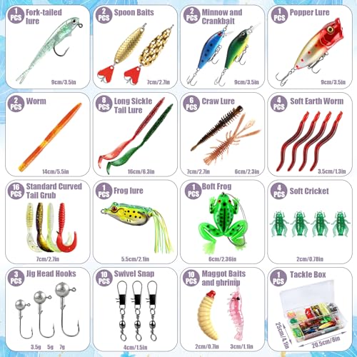 71Pcs Fishing Lures Kit with Tackle Box, Baits, Hooks, Soft Plastics