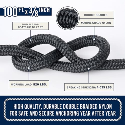 Rainier Supply Co 100 ft Black Double Braided Marine Anchor Rope with Stainless Steel Thimble