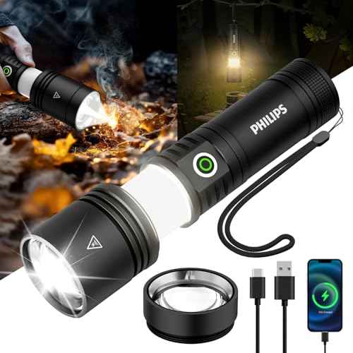PHILIPS Flashlights High Lumens Rechargeable with Ignition Lens,2000lm Tactical Flashlights with Camping Lamp,2 Colors Zoomable 5Modes Reverse Charging LED Bright Flashlight for Home Outdoor Gift
