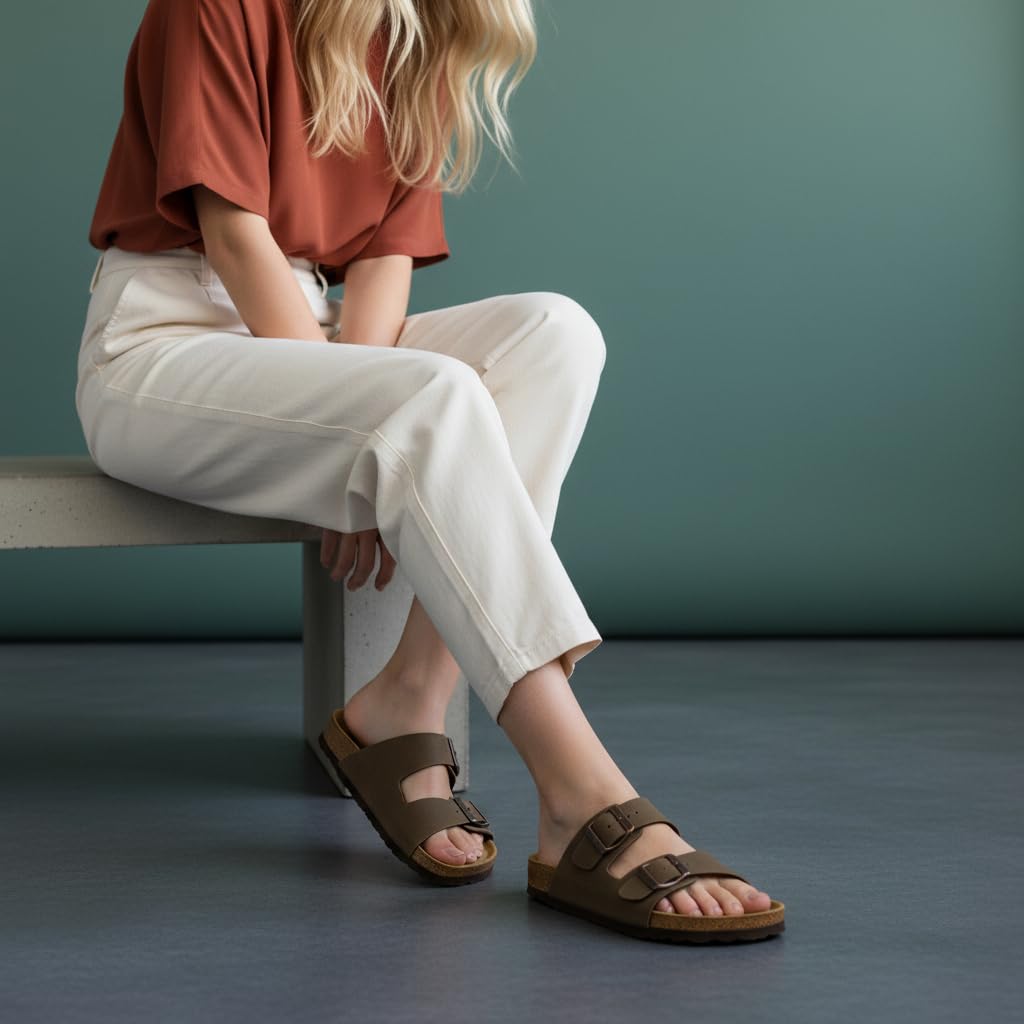 CUSHIONAIRE Lane Cork Footbed Womens Sandals Comfortable Double Buckle Slip On Sandals for Women with Arch Support and Classic Two Strap Design, BROWN 8