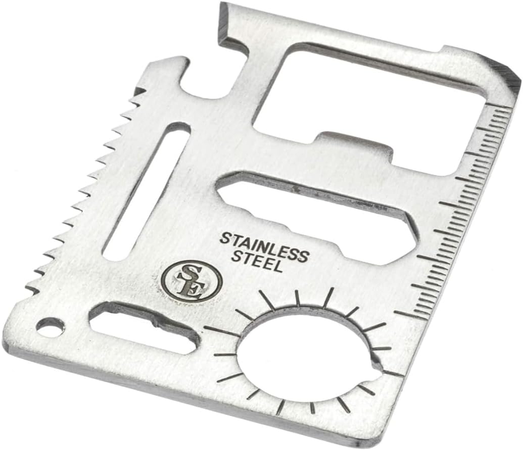 SE 11-Function Stainless Steel Survival Pocket Tool - Compact, Credit Card-Sized Multi-Tool with Leatherette Case - Ideal for Camping, Hiking, and Outdoor Activities- MT908-1
