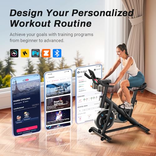 MERACH Exercise Bike, Brake Pad Stationary Bike with Exclusive App, Low Noise Indoor Cycling Bike with 300lbs Weight Capacity, Tablet Mount and Fitness Courses for Weight Loss
