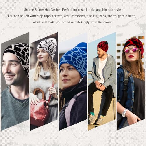 Beanies Hats Men,Y2K Gothic Spider Pattern Wool Streetwear Headwear Winter Knit Beanies Hats for Men Women