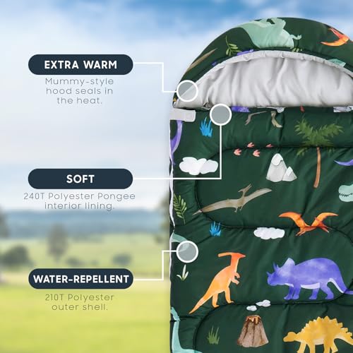 Kids Dinosaur Sleeping Bag for Camping - Dark Green, 61x26 inches