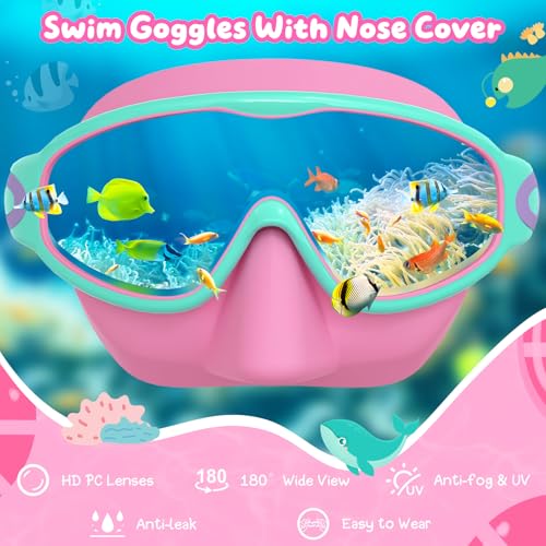 Kids Swim Goggles with Nose Cover - Pink & Orange, 2 Pack