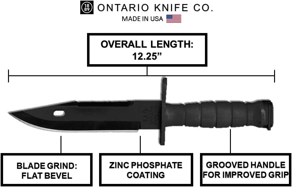 Ontario Knife Company, M9 Bayonet and Scabbard, Black , Overall Length: 12.25"