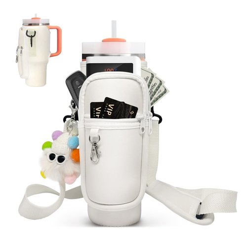 DYDMTT Water Bottle Carrier Bag with Two pockets Adjustable Strap for Pink Stanley Cup, Phone, Bank Cards Water Bottle Bag