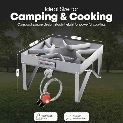 GasOne Stainless Steel Outdoor Propane Burner ? High Pressure Camp Stove with Adjustable Regulator & Steel-Braided Hose