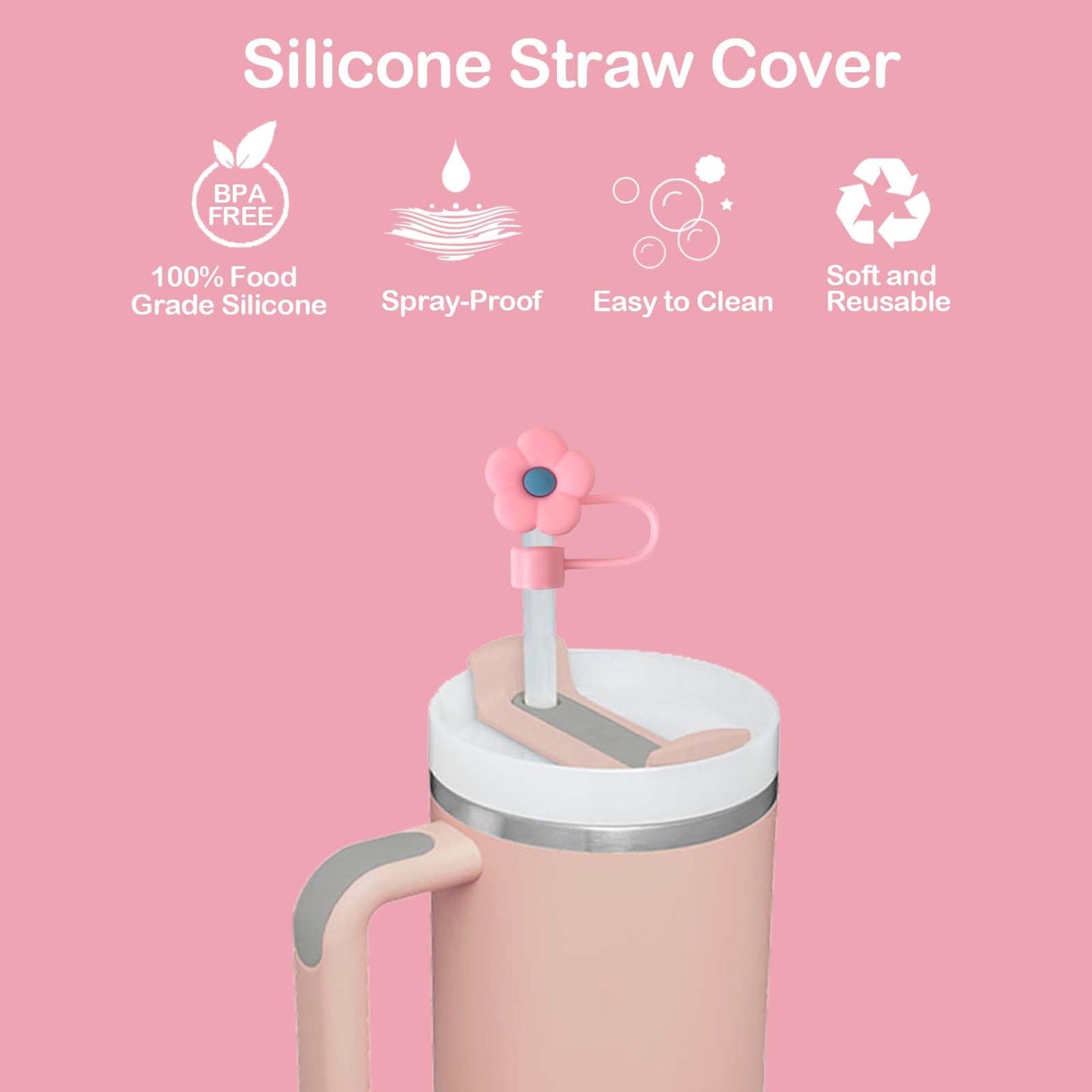 6pcs Flowers Straw Covers Toppers,for Stanley Water Bottles 30&40 Oz,0.4in/10mm Dust-Proof Straw Cap,Cute Silicone Suction Cup Accessories
