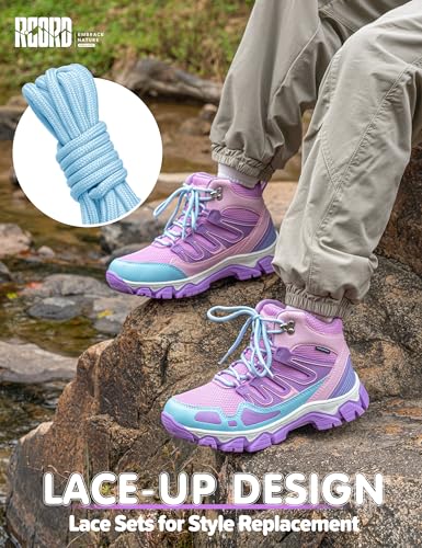 Kids Waterproof Hiking Boots - Purple, Anti-Slip Sole, Ankle Support, Size 5 Big Kid
