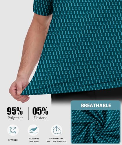 Men's Golf Polo Shirt Short Sleeve Moisture Wicking Print XL Blue Green Seahorse