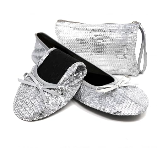 Silky Toes Foldable Sequin Shoes for Women - Silver, Wedding & Costume Flats