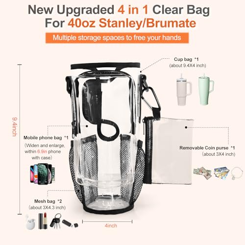Clear Water Bottle Carrier Bag for Stanley & Brumate Era 40 OZ, Summer PVC Water Bottle Cup Holder, with Adjustable Strap, for Outdoor, Stadium Events, Walking, for Stanley Accessories