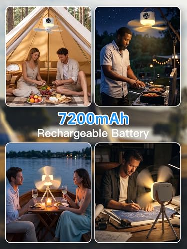 Portable Camping Ceiling Fan with Light Remote 9.25 inch Rechargeable Tent Fan