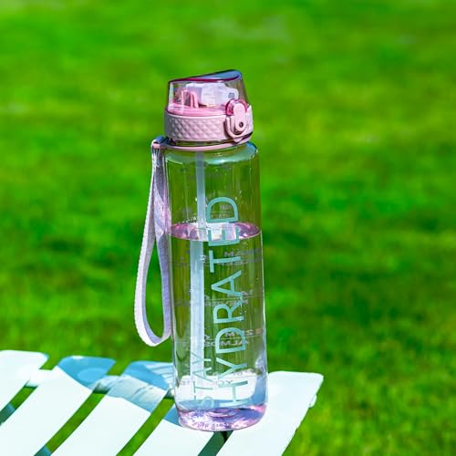 Cherry Blossom Pink 32oz Water Bottle with Straw & Time Marker - Leakproof BPA-Free Sports Bottle