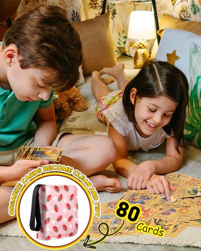 Mini Size Card Binder for 80 Cards with Strawberry Design - Portable Trading Card Album for Girls Teens Kids