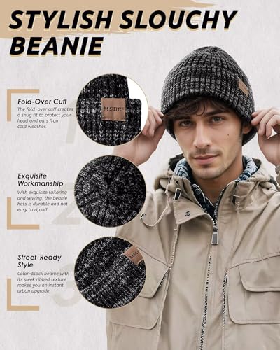 MSDC 3 Pack Winter Beanies for Men Women - Fleece Lined Knit Hats - Mix Black Beige Gray