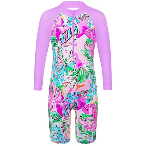 TFJH E 1PCS Long Sleeve Girls Bathing UPF 50+ Rash Guard Suits Swimsuts Zip 3-14Y