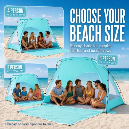 Etto Portable Sun Shelter Beach Tent - 4 Person Turquoise Ocean UPF 50+ Waterproof Canopy
