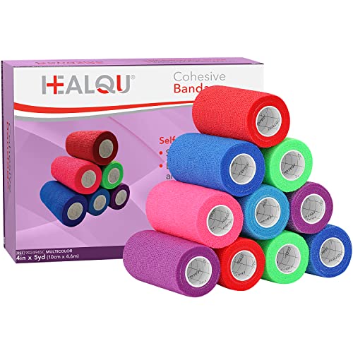 Healqu Self-Adherent Bandage Wrap - 4"x5yd, Box of 12 Rolls, Elastic Medical Tape for Sports & First Aid