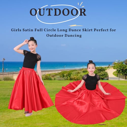 Girls Satin Full Circle Dance Skirt 360 Degree Black Long Swing Skirt for Girls 8-12 Years