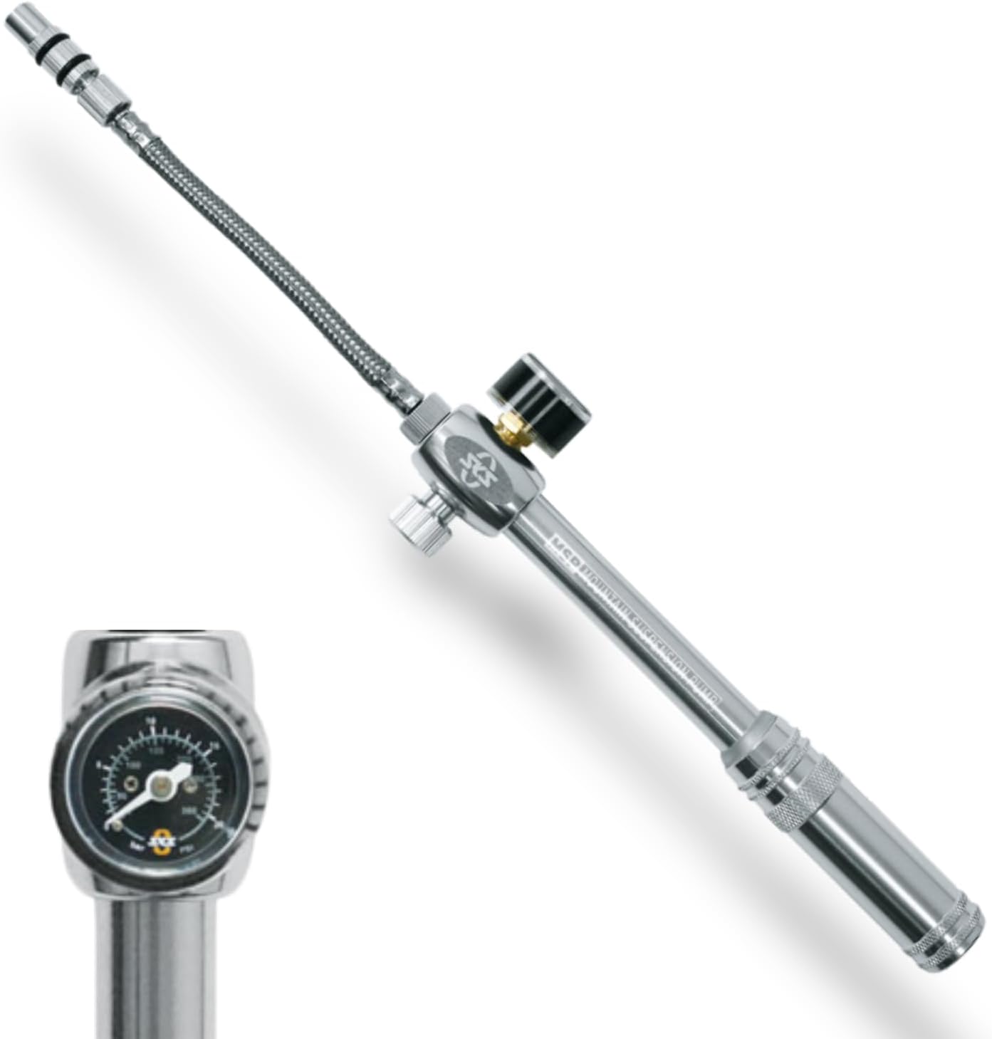 SKS GERMANY MSP Dämpferpumpe (Mountain Suspension Pump), Luftpumpe Fahrrad (Fahrradpumpe mit abschraubbarem Stahlflexschlauch, Druck max.: 20 bar / 290 PSI, Ventilanschluss: AV), Silber, 10 x 3 x 3 cm