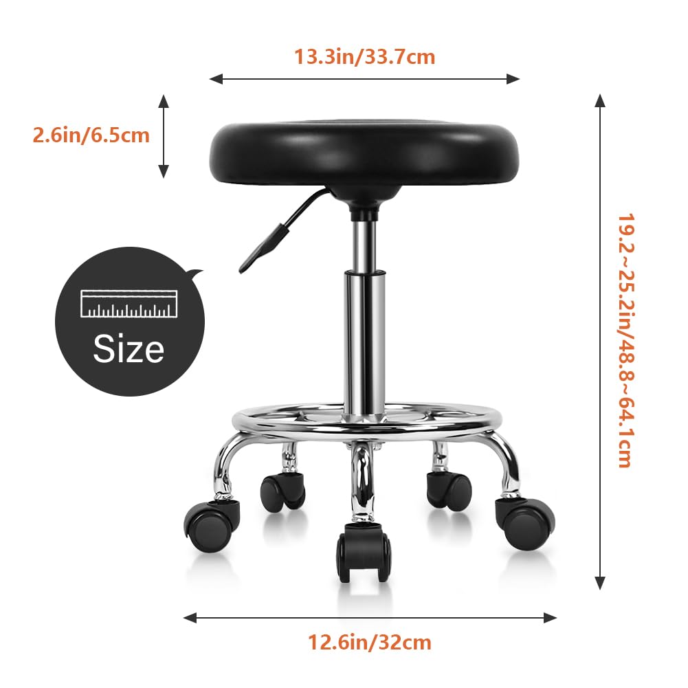 KKTONER PU Leather Modern Round Rolling Stool with Footrest Height Adjustable Spa Drafting Salon Tattoo Work Massage Stools Task Chair Small (Black)