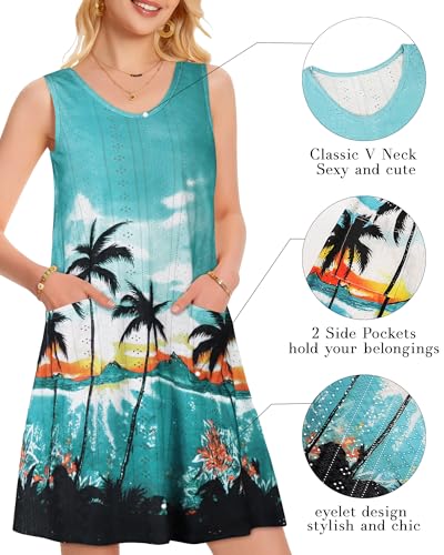 Women’s Eyelet Swimsuit Coverup Dress Cyan Coconut Trees 3X-Large