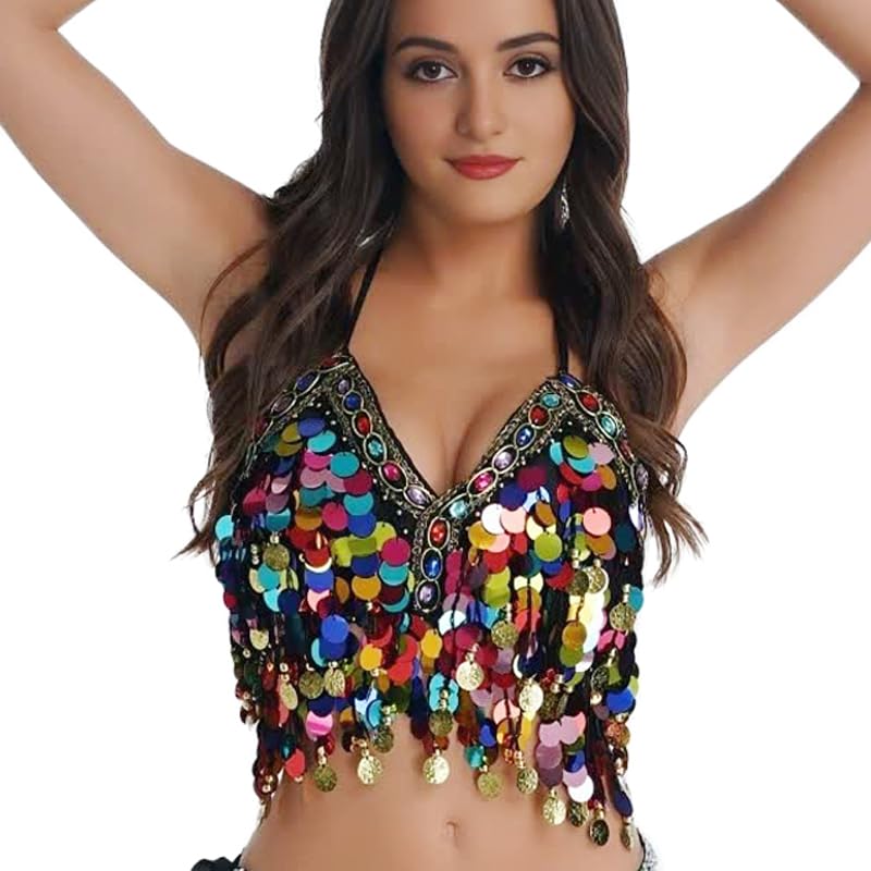 Sequin Halter Bra Top for Belly Dance Festival Boho Clubwear - Black with Colorful Beads