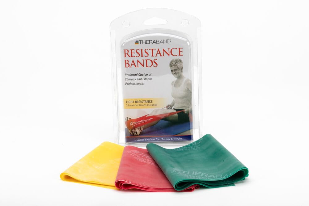 THERABAND Resistance Bands Set, Beginner Kit, Yellow, Red, Green, Non-Latex Elastic Bands for Exercise & Physical Therapy, Strength Training Bands for Upper & Lower Body Fitness