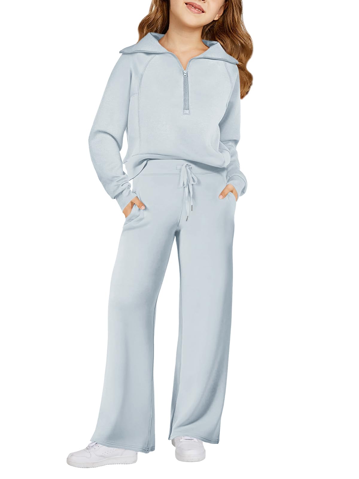 Haloumoning Girls 2 Piece Outfits Sweatsuit Half Zip Long Sleeve Sweatshirts Sweatpants Tracksuit Sets 5-14 years