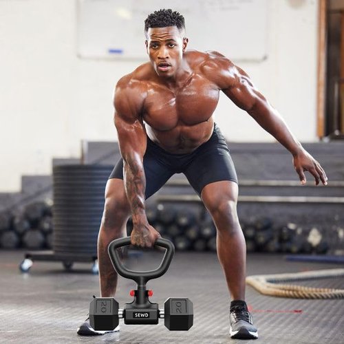 SEWD Dumbbell Kettlebell Converter - Turn Dumbbells into Kettlebell for Home Gym Workout - Adjustable Weights & Up to 110LB Capacity - 90-Degree Rotating Handle - Red