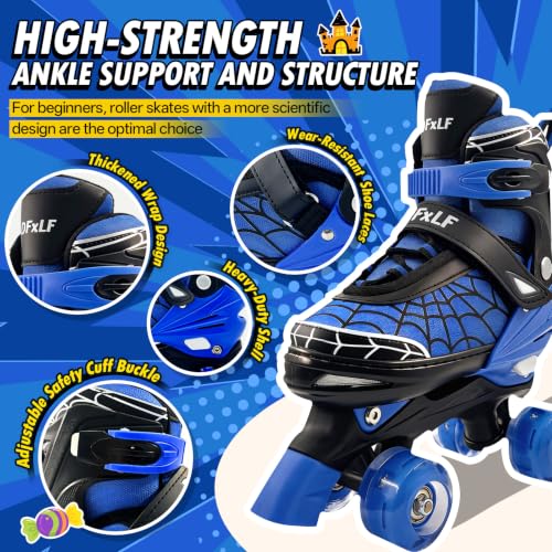 Kids Roller Skates for Ages 3-12 with Adjustable Sizes & Spider Web Design - Blue/Medium