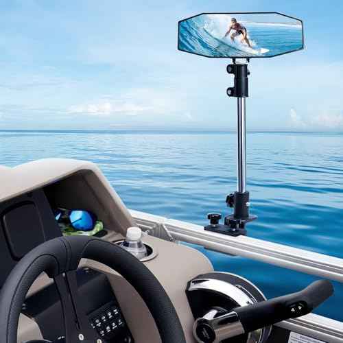 KEMIMOTO Pontoon Boat Mirror Rear View with Telescoping Pole, 10.5¡° x 4¡± Extra Large 360¡Æ Adjustable Marine Mirror for Pontoon Rail or Bimini Top, Ski Boats Water Skiing, Pontoon Boat Accessories