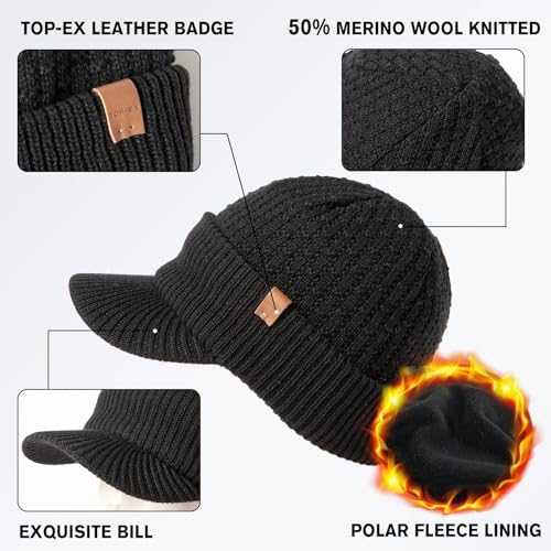 TOP-EX DryKnit¢â Waterproof 50% Merino Wool Visor Beanie Hat for Men Fleece Lined Winter Hat with Brim for Big Heads