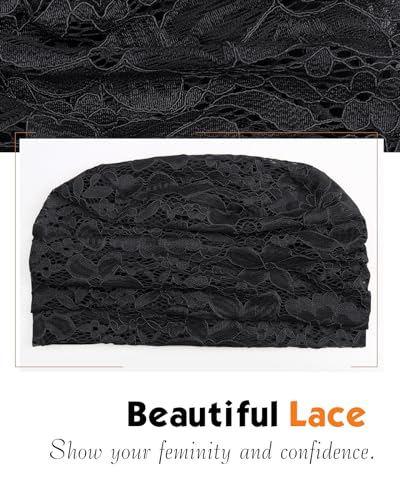 Women's Viscose Beanie Lace Turban Sleep Cap - Chemo Hat Black