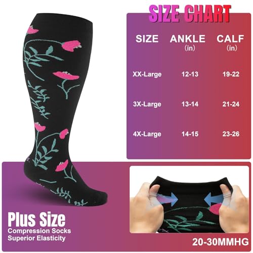 Plus Size Compression Socks for Women & Men - 20-30 mmHg Wide Calf Support - Grey Pink Flower 3X-Large 4 Pack