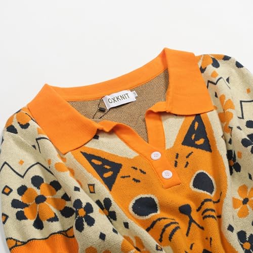 OXKNIT Women's Vintage Cat Pattern Knit Polo Shirt - Orange XXL Short Sleeve