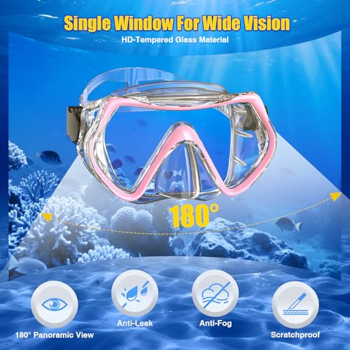 Adult Pink Snorkeling Mask Set with Dry Anti-Fog Snorkel - Impact-Resistant, Panoramic View