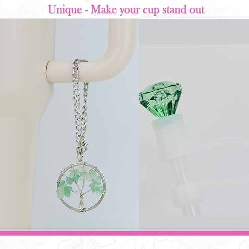 ESWEUOOM Green Straw Cover for Stanley Cup Accessories 40 oz 30 oz, Cute Straw Toppers for Tumbler, Life Tree Charms for Stanley,10mm 0.4in Straw Covers Cap Lids,Water Cup Pendant for Handle Chain