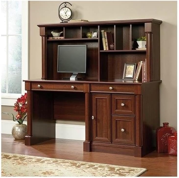 Pemberly Row Contemporary Wood Computer Desk with Hutch in Cherry