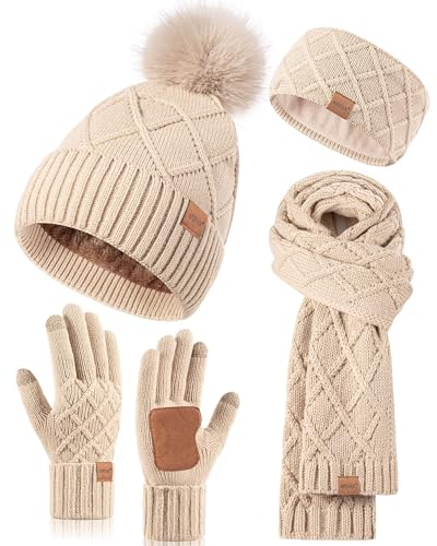 Oatmeal Womens Winter Hat Gloves Scarf Headband Set - 4 in 1 Warm Gift