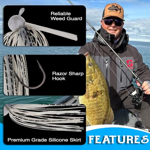 Football Head Fishing Jigs with Silicone Skirt for Bass Pike Walleye Muskie - 3 Pack