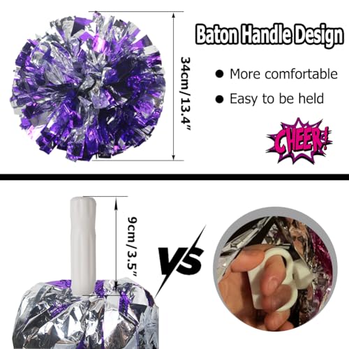 Purple and Silver Cheer Pom Poms with Plastic Handles - 4 Pack Kids Team Sports