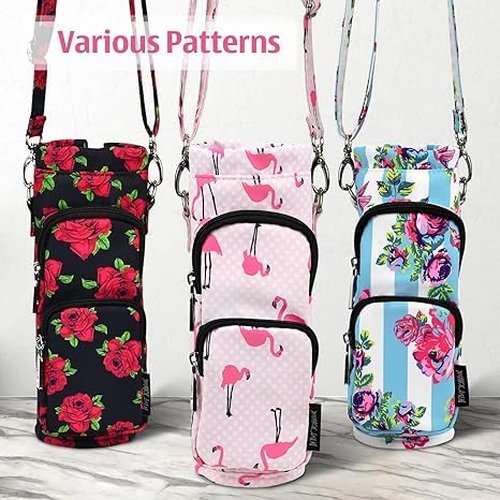 Betsey Johnson Insulated Water Bottle Pouch Holder Carrier Crossbag with Adjustable Shoulder Strap - Lightweight Polyester Accessories with Pockets Good for Hiking Travelling Sports (Flamingo Strut)