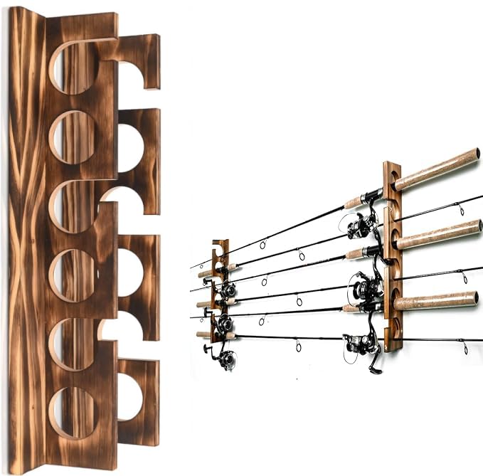 Wooden Fishing Rod Holder Wall & Ceiling Mount - Holds Up to 6 Rods, Tackle Storage Organization