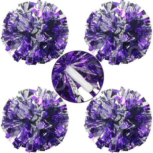 Purple and Silver Cheer Pom Poms with Plastic Handles - 4 Pack Kids Team Sports