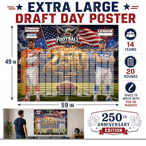 Fantasy Football Draft Board 2026-2027 Patriotic 250th Anniversary Design, 59x49 Inches