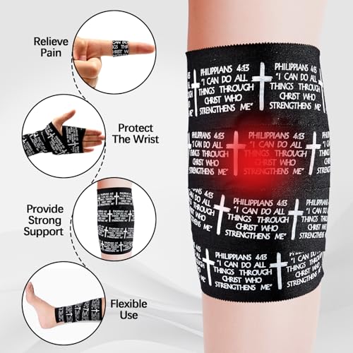 5Pcs Christian Athletic Tapes 2in x 23ft Black Cotton Zinc Oxide Sport Tape Faith Cross Sports Wristbands Religious Bible Verse Wrist Tape for Football Baseball Gymnastic Boxing First Aid Injury Wrap